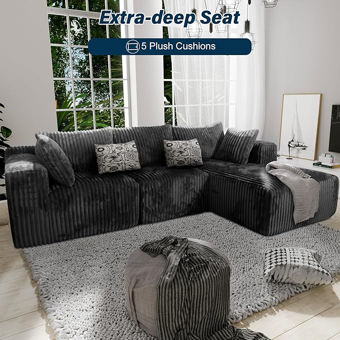 3 Seater L Shaped Sofa with Deep Seat, 101" Cloud Sectional Couch with Chaise, Cozy Modular Couches Sleeper, Oversized Corduroy Sofa for Living Room Bedroom Apartment, Dark Grey