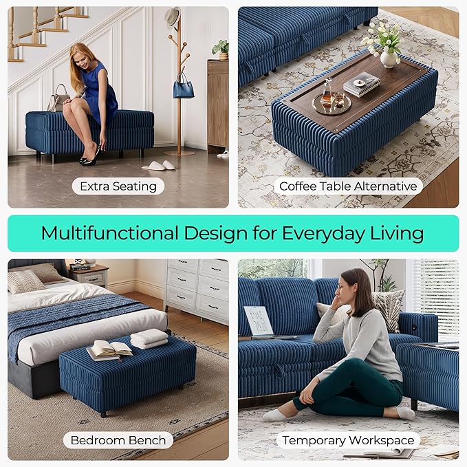 LINSY HOME Sectional Sleeper Sofa - Modular Ottoman Module (Blue, Sleeper Sofa Ottoman) | Storage, Convertible, Coffee Table, Plush Corduroy