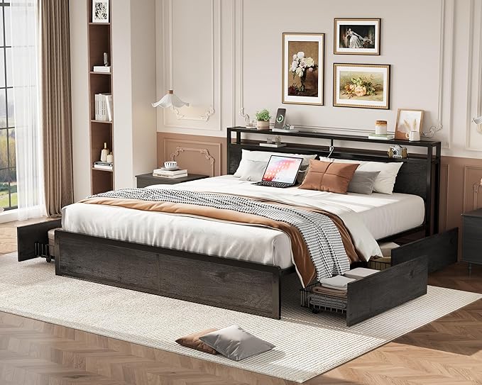 LIKIMIO King Size Bed Frame with 4 Storage Drawers, 2-Tier Storage Headboard with Charging Station, Double Bed Frame King Size for Bedroom, No Box Spring Needed, Easy Assembly, Charcoal Grey