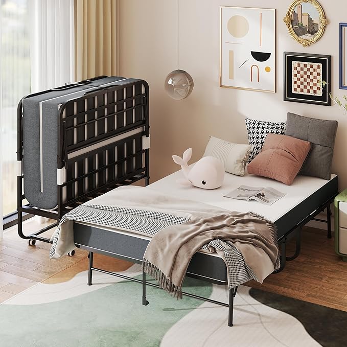 AQY Folding Bed with Mattress for Adults,75" x 46" Portable Rollaway Bed Guest on Wheels with Memory Mattress and Heavy Duty Sturdy Metal Frame,Foldable Bed for Adults,Guest, Twin Size,Cot Size