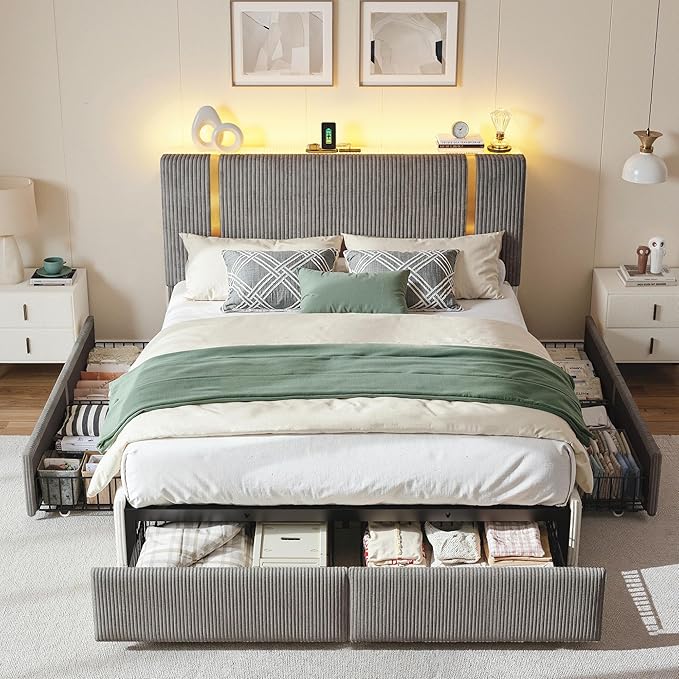 Homkdom Queen Bed Frame with 6 Storage Drawers, Upholstered Bed Frame Queen Size with Corduroy Headboard, LED Light & Charging Station, No Box Spring Needed, All Metal Slats, Grey