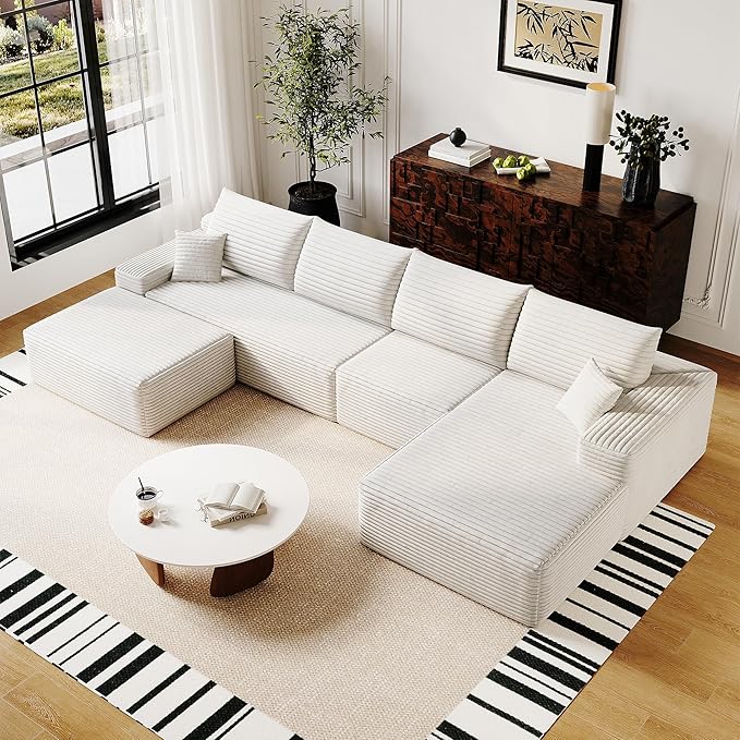 136" Sectional Couches for Living Room Cloud Couch Sofa with L-Shape Upholstered Boneless Couchs Modern Modular Sectional Couch with Chaise (White, 136" Right Facing Chaise+3Seaters+Ottoman)