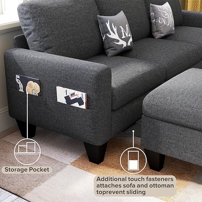 78" Sectional Sofa Couches for Living Room, Dark Grey Convertible L Shaped Couch with Storage Ottoman, Deep Seat Pet-Friendly Linen Fabric Sofa Set for Small Space, Apartment, Dorm