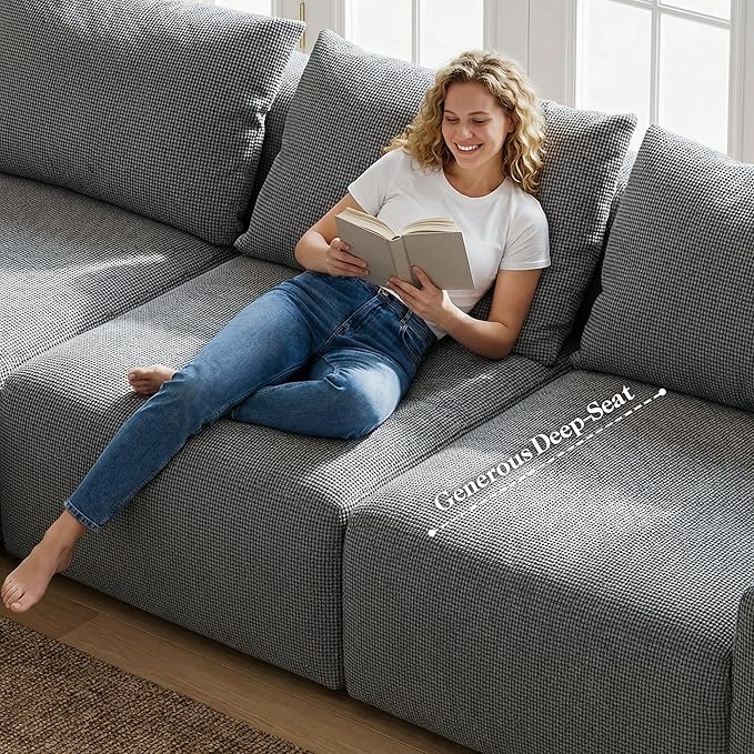 97”Modular Sectional Sofa, Cloud Sectional Couch with Deep Seat, Modern Modular L-Shape Sofa Couch, Upholstered Boneless Couches for Living Room Bedroom (Grey Check, Left Facing Chaise)