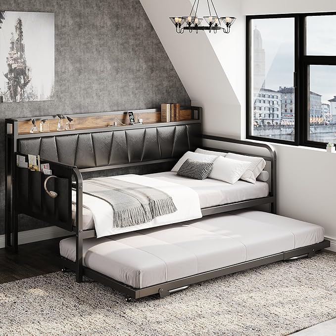 LIKIMIO Daybed with Trundle Bed, Twin Bed Frame with Storage Headboard and Charging Station, Sofa Day Bed with Strong Supports for Living Room, Bedroom, and Guest Room, Black
