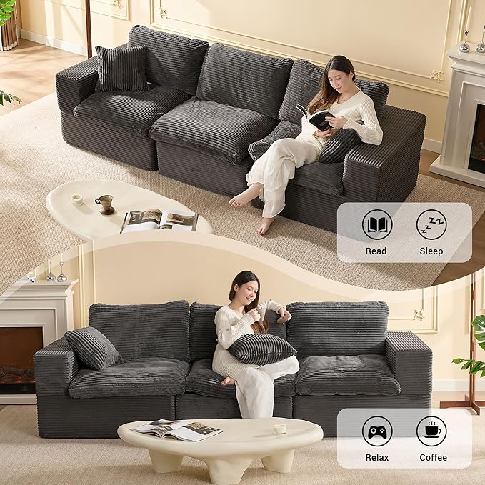 106.3” Sectional Couches for Living Room, Set of Cloud Couch, Modular Sectional Sofa, Convertible Sofas Bed, Deep Seat Sofa, Corduroy, Gray