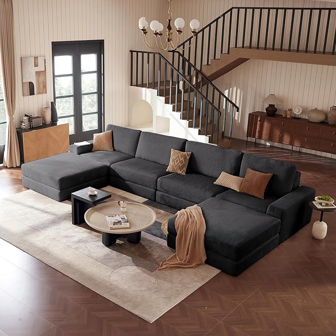Modular Sectional Boneless Sofa, 160.63" Oversized Modern Cloud Couch Sectional Sofa with U-Shaped Chaise Comfy Corduroy Fluffy Couch with Deep Seat Couches for Living Room Bedroom,Gray