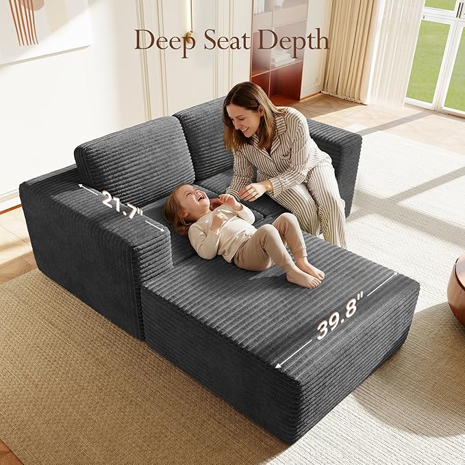 Vesgantti 80" Modular Sectional Sofa, Corduroy Cloud Couch with Deep Seats & Spring Support, Compact 2 Seater Boneless Couch, L-Shaped Modular Sofa for Small Spaces, Apartments, No Assembly, Grey