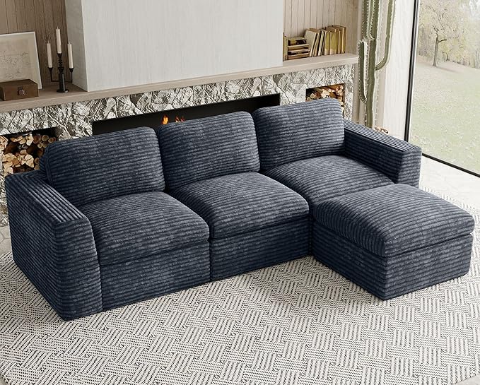 Belffin Boneless Cloud Modular Sectional Sofa 3-Seater L Shaped Couch with Ottoman Convertible Sofa Bed Plush Corduroy Cloud Sectional Couches for Living Room. Grey Sofa