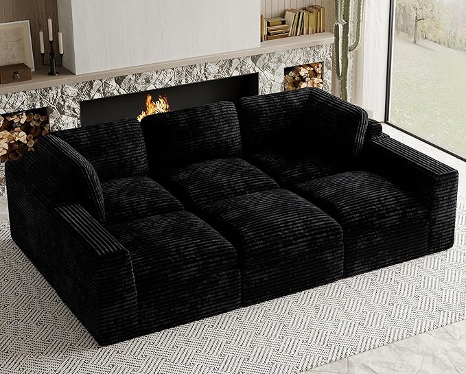 Cloud Sectional Sleeper Sofa Bed 6-Seater Plush Corduroy Modular Sectional Sofa Couches for Living Room with Ottoman. Black Couch.