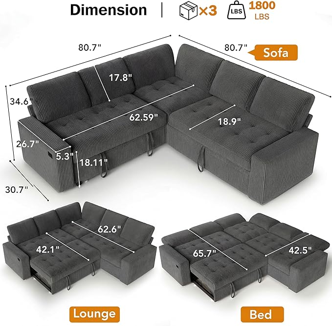 Vipbear Pull Out Sofa Bed Sectional Sleeper Sofa with Reclining Backrest & Storage, Plush Pullout Modular Sectional Couches with USB Charging, L Shaped Convertible Couch Bed for Apartment, Grey | Breathable material, Tool-Free Assembly