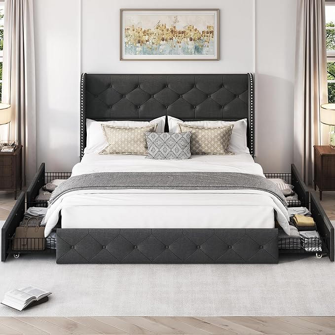 LARMACE Full Size Bed Frame with 4 Storage Drawers and 47.2" Tall Wingback Headboard Linen Upholstered Platform Bed Frame Tufted Beds with Wooden Slats Support, Easy Assembly, Dark Grey
