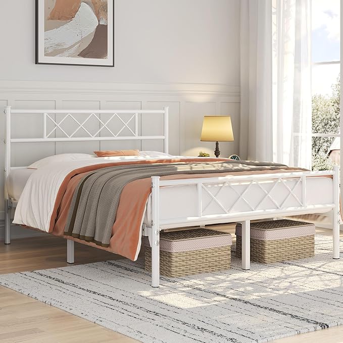 Yaheetech Queen Metal Platform Bed Frame Mattress Foundation with Headboard and Footboard No Box Spring Needed Under Bed Storage Steel Slats,White