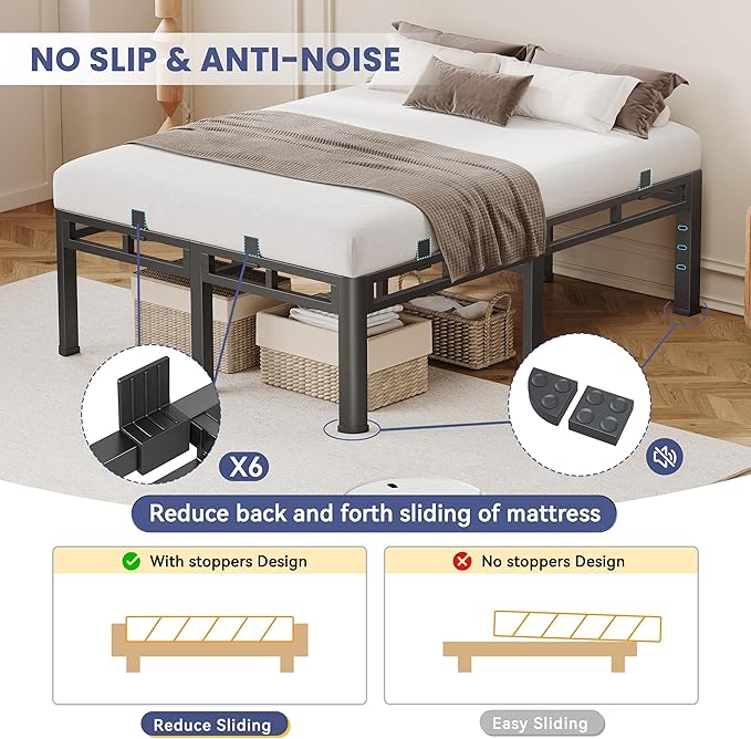 22 Inch Full Bed Frame, Double Layer Heavy Duty Metal Platform 4000 lbs Capacity, Bed Frames with Headboard Holes, Round Corner Legs, Mattress Slide Stopper, Easy Assembly