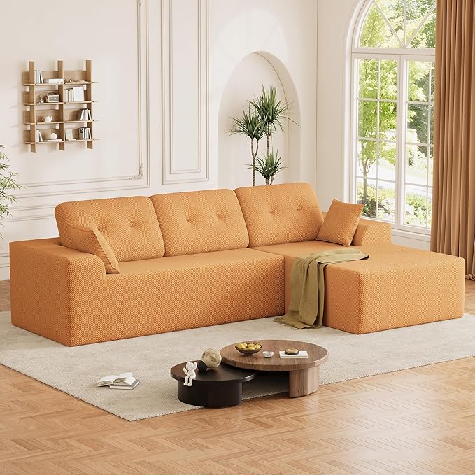 Ball & Cast 106" Cloud Sectional Couch, Compressed L-Shaped Sofa with Deep Seat Chaise, Boneless No Assembly Modular Couch, Foam & Spring Support, 2 Boxes (Right Facing, Chenille Orange)