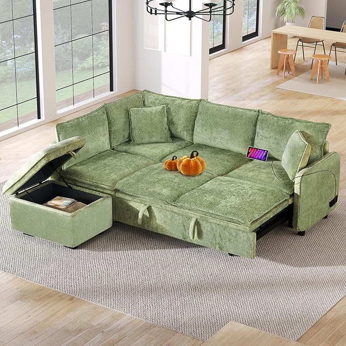 LUMISOL 82.7" Convertible Sleeper Sofa Bed with Storage Ottoman, L-Shaped Sectional Sofa with Pull Out Bed, USB Ports, Chenille Sleeper Sofa Couch with Chaise for Living Room, Green
