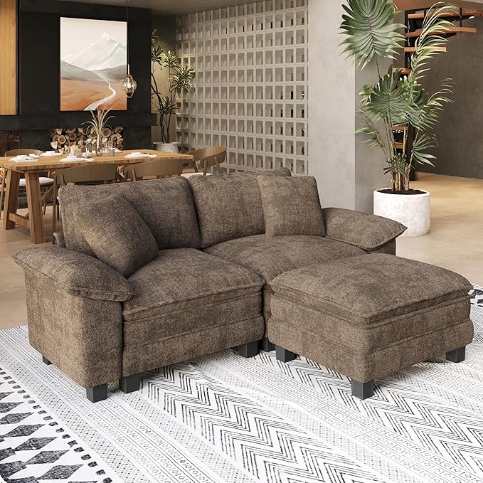 Sectional Loveseat with Ottoman, 87.5'' Oversized Chenille Love Seat Modular Sofa Couch with Pillow, 3-Seat Modern L Shaped Cloud Deep Seat for Bedroom Small Space, Taupe
