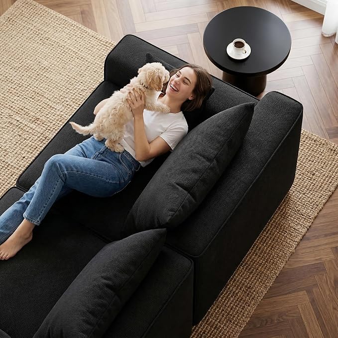 97”Modular Sectional Sofa, Cloud Sectional Couch with Deep Seat, Modern Modular L-Shape Sofa Couch, Upholstered Boneless Couches for Living Room Bedroom (Black Check, Right Facing Chaise)