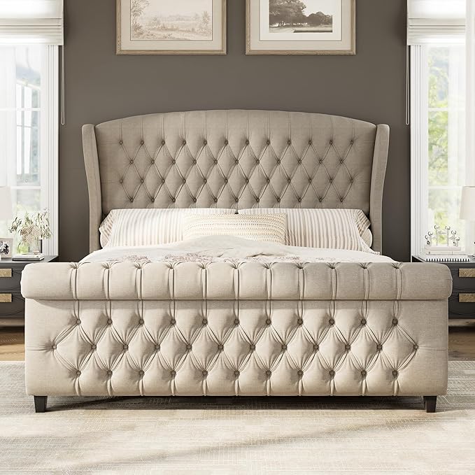 AMERLIFE California King Size Platform Bed Frame, Linen Upholstered Sleigh Bed with Scroll Wingback Headboard & Footboard/Button Tufted/No Box Spring Required/Khaki