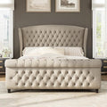 AMERLIFE California King Size Platform Bed Frame, Linen Upholstered Sleigh Bed with Scroll Wingback Headboard & Footboard/Button Tufted/No Box Spring Required/Khaki