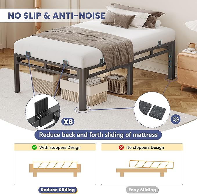 22 Inch Bed Frames Twin, Double Layer Heavy Duty Metal Platform Bedframe, Bed Frames with Headboard Holes, Round Corner Legs, No Box Spring Needed, Easy Assembly