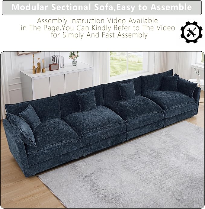 Setawix Chenille Cloud Couches for Living Room,4 Seater Cloud Sofa Couch with Deep Seat,147.22" Roomy Cloud Sofas,Modular Sectional 4 Seat Sofa with Pillows for Bedroom (Blue, 4 Seater)