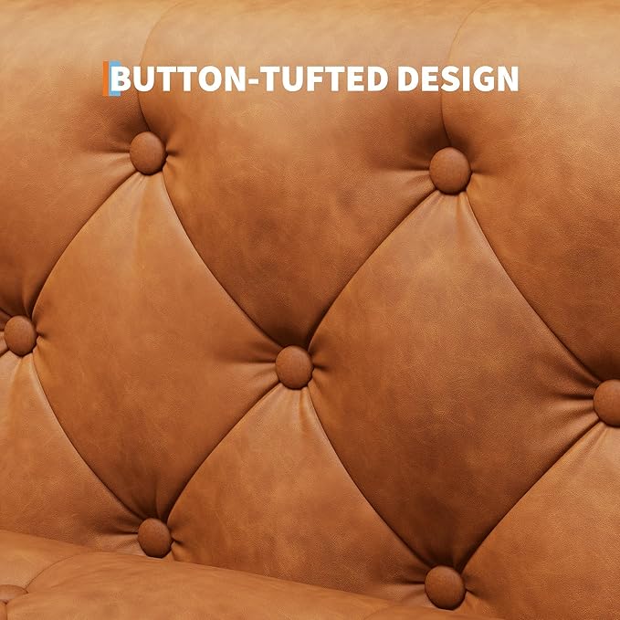 GarveeHome 81" Leather Couch for Living Room, Chesterfield Sofa with Deep Seat, Handmade Button Tufted 3 Seater Sofa, Modern Leather Sofa for Apartment, Office, Cognac Tan