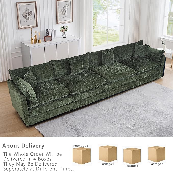Setawix Chenille Cloud Couches for Living Room,4 Seater Cloud Sofa Couch with Deep Seat,147.22" Roomy Cloud Sofas,Modular Sectional 4 Seat Sofa with Pillows for Bedroom (Green, 4 Seater)