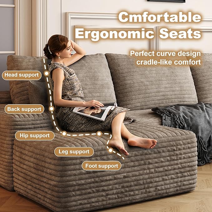 108" Sectional Couches for Living Room Cloud Couch Sofa with L-Shape Upholstered Boneless Couchs Modern Modular Sectional Couch with Chaise (Camel, 108" Right Facing Chaise+2Seaters+1Ottoman)