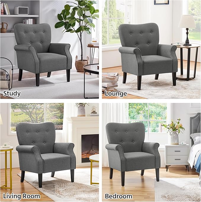 Yaheetech Modern Armchair, Mid Century Accent Chair with Sturdy Wood Legs and High Back for Small Space, Upholstered Fabric Sofa Club Chair for Living Room/Bedroom/Office, Set of 2, Dark Gray
