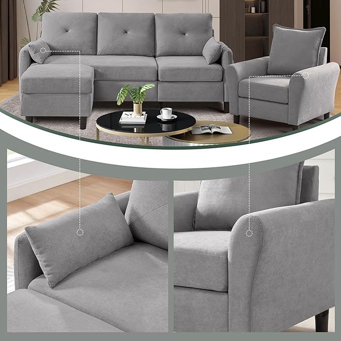Convertible Sectional Sofa, 77" Small L Shaped 3 Seat Couch with Reversible Storage Chaise, and Accent Chair Set Modern Polyester Fabric Sofa Couches for Living Room, Apartment, Light Grey