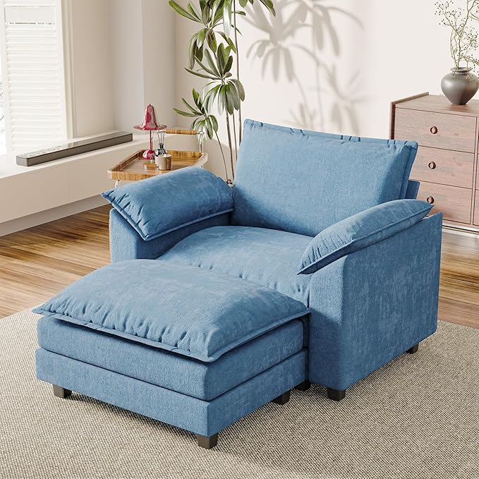 Single Chaise Lounge with 30'' Deep Seat & Movable Ottoman, Reading Chair with Wide Armrest, Chenille Cloud Couch Double Layer Cushion for Living Room, Office, Bedroom (Dark Blue, Single Sofa Chair)
