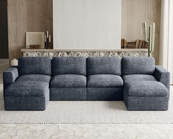 Cloud Sectional Couches for Living Room Plush Corduroy U Shaped Boneless Modular Sectional Sofa with Deep Seat. Grey Couch.