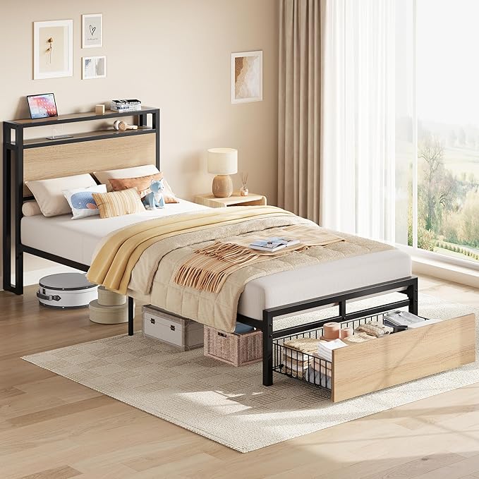 LIKIMIO Twin XL Bed Frames with Drawer, Storage Headboard with Outlets, No Box Spring Needed, Easy Assembly, Wood Color