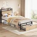 LIKIMIO Twin XL Bed Frames with Drawer, Storage Headboard with Outlets, No Box Spring Needed, Easy Assembly, Wood Color