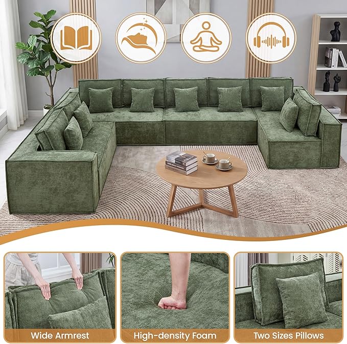 167'' Boneless Chenille U Shaped Couch, Oversized Modular Sectional 8 Seater Sofa, Modern Deep Seat Corner Cloud Compressed Couch, No Assembly Sleeper Sofa with Chaise for Living Room, Green
