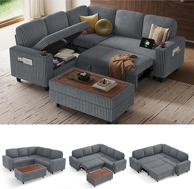 LINSY HOME Sectional Sleeper Sofa with Pull Out Couch Bed for Living Room (Grey) | Plush Corduroy, Storage Ottoman, Storage Chaise, Pull Out Couch, USB Charging