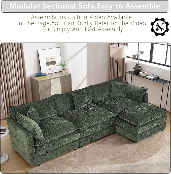 Setawix Deep 3 Seater Couch with Ottoman,112.2" L-Shaped Cloud Couches for Living Room,Chenille Cloud Sofa Couch with Deep Seat,Modular Sectional L Shape 3 Seat Sofa for Bedroom (Green, 3+1)