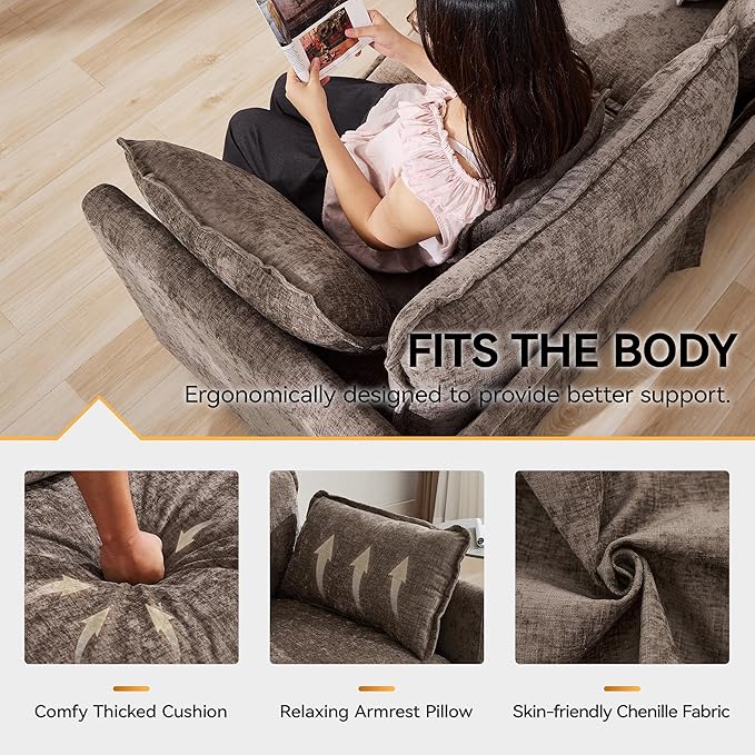 111'' Sectional Cloud Deep Seat Couch, Modern Comfy Chenille L Shaped Sectional Sofa for Living Room Set, Upholstered Modular 3-Seats Sofa Couch with 1 Movable Ottoman, Brown