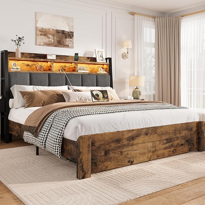 BRELTAM Queen Bed Frame with 2 Storage Drawers and 2-Tier Headboard,Upholstered Wooden Platform Bed with Charging Station, LED Lights,Noise-Free/Metal Support/No Box Spring Needed,Vintage Brown