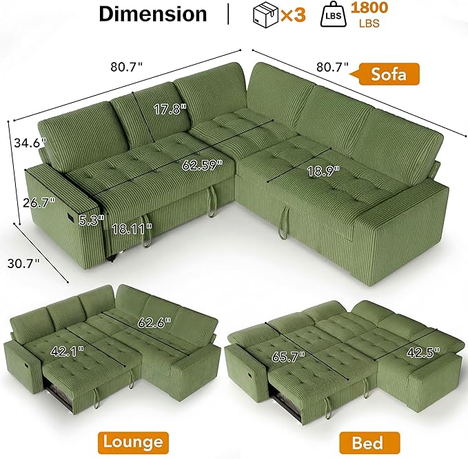 Vipbear Pull Out Sofa Bed Sectional Sleeper Sofa with Reclining Backrest & Storage, Plush Pullout Modular Sectional Couches with USB Charging, L Shaped Convertible Couch Bed for Apartment, Green | Breathable material, Tool-Free Assembly