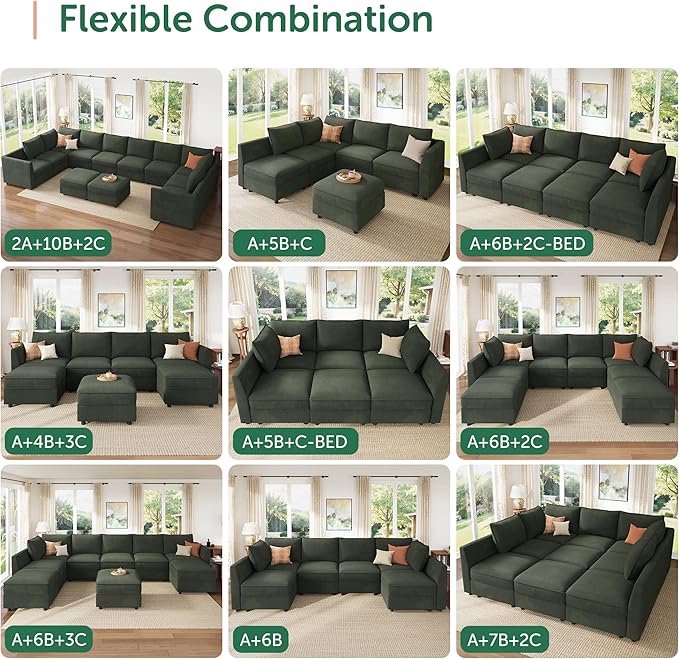 HONBAY Modular Sectional Sofa Sleeper Couch with Storage Modular Couch Convertible Couches for Living Room - Green