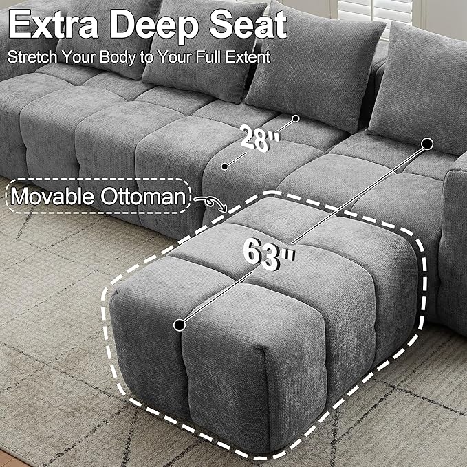119" Boneless Couch, Cloud Sectional Couch with Deep Seat, High-Density Memory Foam and Chaise, Sectional L Shaped Sofa, Boneless Couches for Living Room, No Assembly Required Tufted Sofa, Light Grey