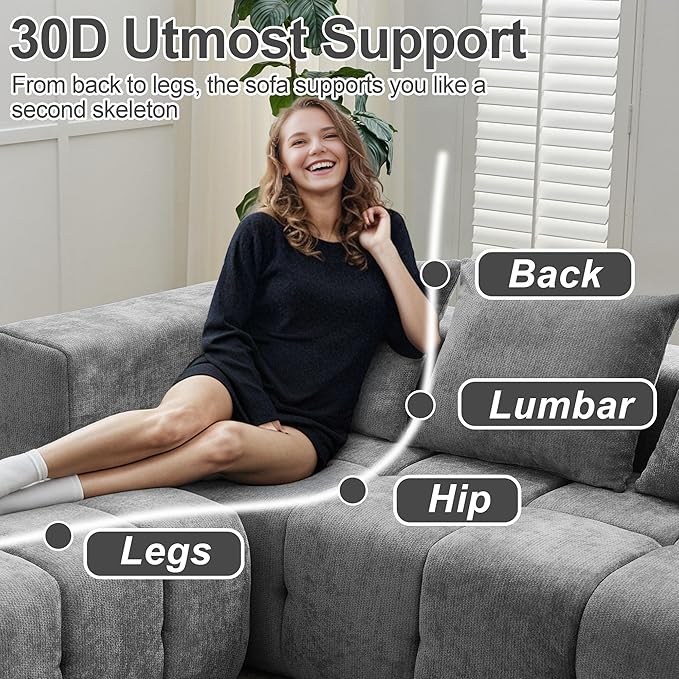 119" Boneless Couch, Cloud Sectional Couch with Deep Seat, High-Density Memory Foam and Chaise, Sectional L Shaped Sofa, Boneless Couches for Living Room, No Assembly Required Tufted Sofa, Light Grey
