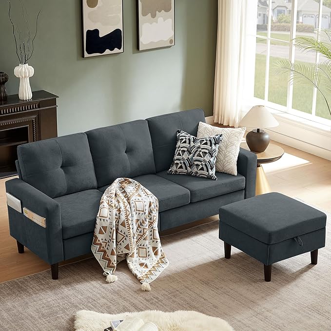 79" Convertible Sectional Sofa, Small L Shaped 3 Seat Couch with Storage Chaise and Side Pocket, Modern Linen Fabric Reversible Sofa Couches for Living Room, Apartment and Small Space