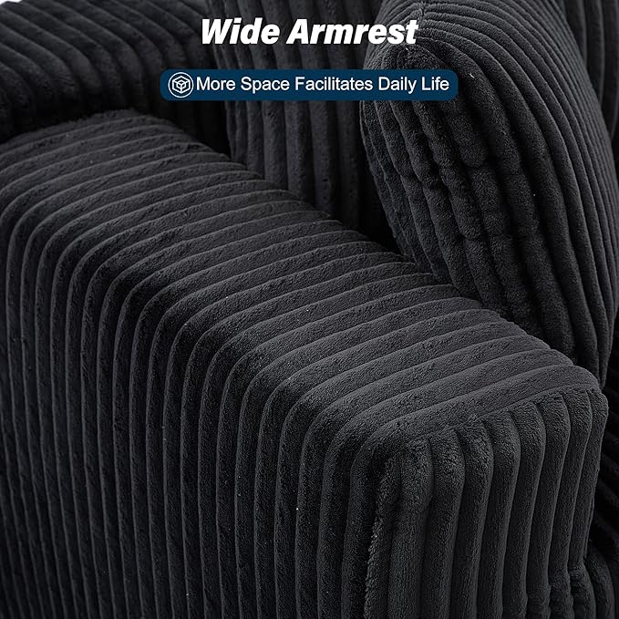 3 Seater L Shaped Sofa with Deep Seat, 101" Cloud Sectional Couch with Chaise, Cozy Modular Couches Sleeper, Oversized Corduroy Sofa for Living Room Bedroom Apartment, Black