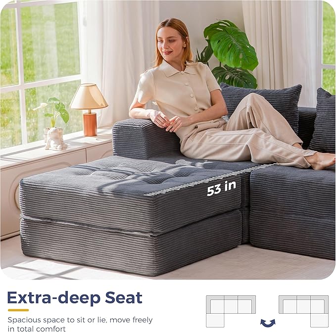 MAXYOYO Modular Sectional Sofa Couch, Foldable L-Shaped Folding Sofa Bed with Ottoman, Convertible Sectional Couch Corded Tufted Floor Sofa Lounger with Pillows for Living Room, No Assembly, Dark Grey