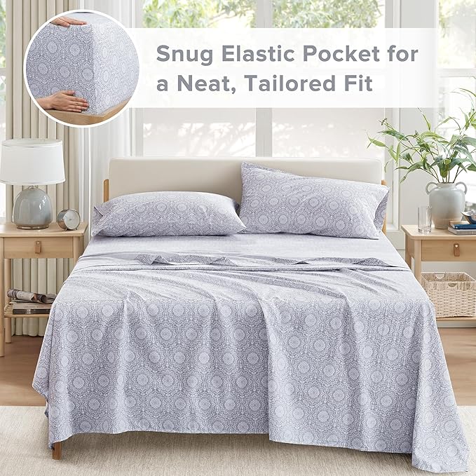 Comfort Spaces 100% Cotton Sheets Queen, Breathable, Naturally Cool Cotton Sheets, Soft Cotton Bed Sheets with 14" Elastic Pocket Fits up to 16" Mattress, All Seasons Sheet Set, Adelia Gray 4 Piece