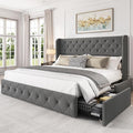 LARMACE Upholstered King Size Bed Frame with 4 Storage Drawers and 47.2" Tall Wingback Headboard Tufted Platform Bed Frame Linen Beds with Wooden Slats Support, Easy Assembly, Light Grey