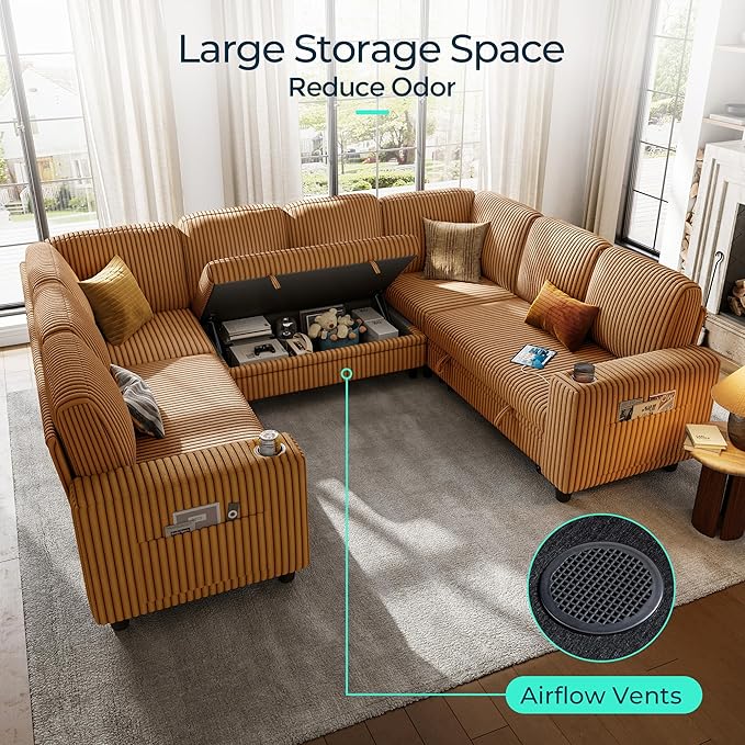 LINSY HOME Sectional Sleeper Sofa with Pull Out Couch Bed - Convertible Plush Corduroy Cloud Couch with Storage Chaise & USB Charging, Comfy Modular Couches for Living Room, Brown